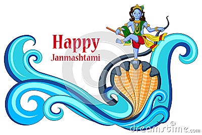 Krishna dancing on Kaliya naag snake on Happy Janmashtami background Vector Illustration