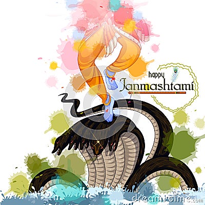 Krishna dancing on Kaliya snake on Happy Janmashtami festival background of India Vector Illustration