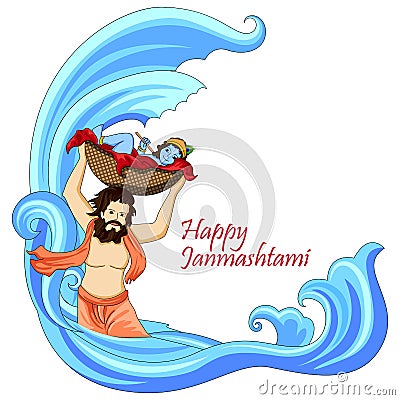 Krishna with flute on Happy Janmashtami background Vector Illustration