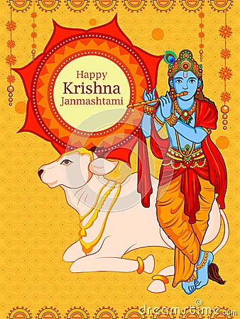 Krishna with flute on Happy Janmashtami background Vector Illustration