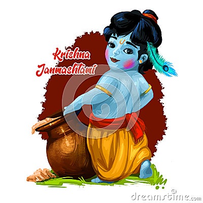 Krishna Janmashtami or Gokulashtami annual Hindu festival celebrates the birth of Krishna, eighth avatar of Vishnu. Hindu luni- Cartoon Illustration