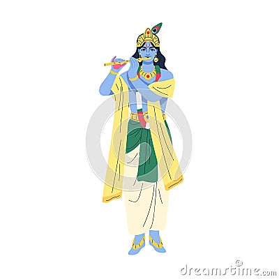 Krishna Janmashtami, Indian god of Hinduism. Major Hindu deity of love playing music, flute. Krishan character from Vector Illustration