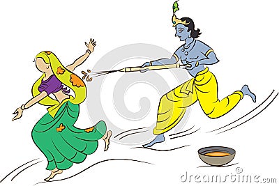 Krishna Playing Holi With Gopi Vector Illustration