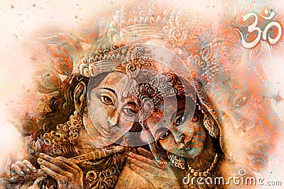 Krishna radha couple with sacred symbol, graphic from handpainted original Stock Photo