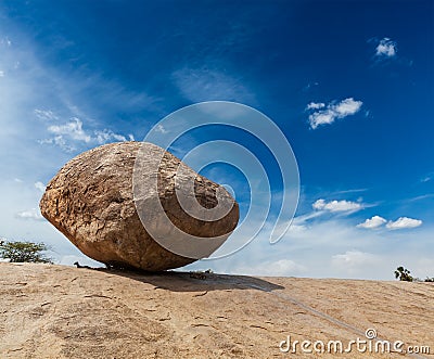 Krishna's butterball - balancing giant natural rock stone, Maha Stock Photo