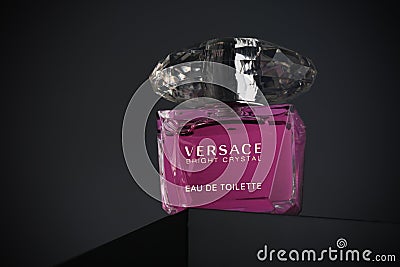 Kropyvnytskyi, Ukraine - 30 Decemberr 2019: Bottle of Versace perfume on black gradient background Editorial Stock Photo