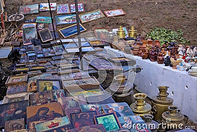 Antique Flea market. Selling and buying antiques items and collectables porcelain. Editorial Stock Photo