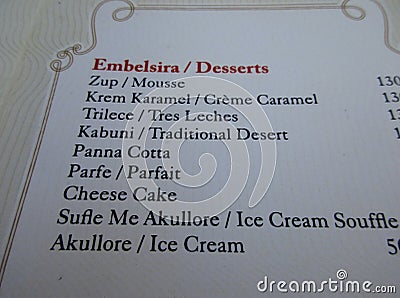 Kruje, 30th august: Table menu from Restaurant in Old Bazaar of Kruje in Albania Editorial Stock Photo