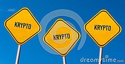 Krypto - yellow signs with blue sky Stock Photo