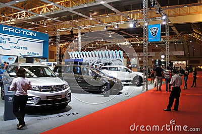 Cars showroom located in the huge hall. Editorial Stock Photo