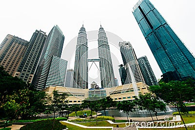 Kuala Lumpur, Malaysia - April, 2019 Petronas Twin towers panorama, Kuala Lumpur central park Editorial Stock Photo