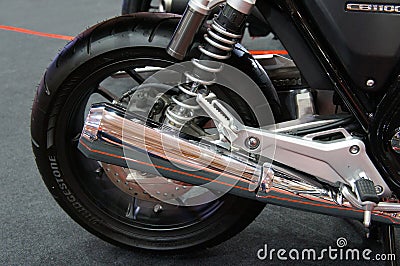 Selected focused on the high-performance motorcycle exhaust system Editorial Stock Photo