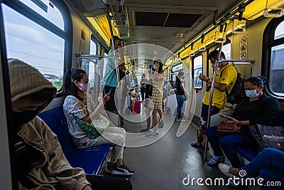 Inside a MRT train of the Malaysian capital's public transport system. Modern transport Editorial Stock Photo