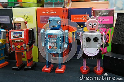 Classic toy robot. Made of tin. Become a collection of children at the time. Editorial Stock Photo