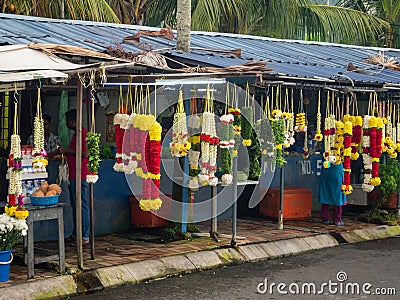 Kuala Lumpur, Malaysia : Indian flower shop at Batu caves temple and Hindu shrine Editorial Stock Photo