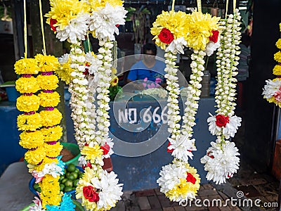 Kuala Lumpur, Malaysia : Indian flower shop at Batu caves temple and Hindu shrine Editorial Stock Photo