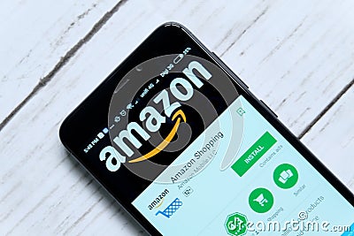 KUALA LUMPUR,MALAYSIA - JANUARY 28TH,2018: Amazon app display on android Play Store.Amazon was founded by Jeff Bezos. Editorial Stock Photo