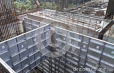 Precast system aluminium formwork used at the construction site as the reusable concrete form-work. Editorial Stock Photo