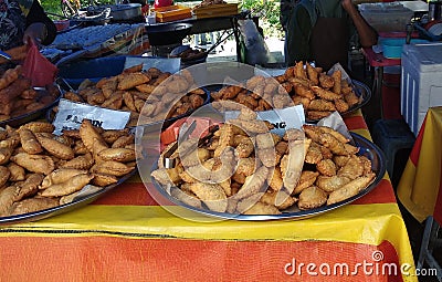Variety of famous traditional Malaysian sweet and dessert sell-by hawkers in the street Ramadhan Bazaar. Stock Photo