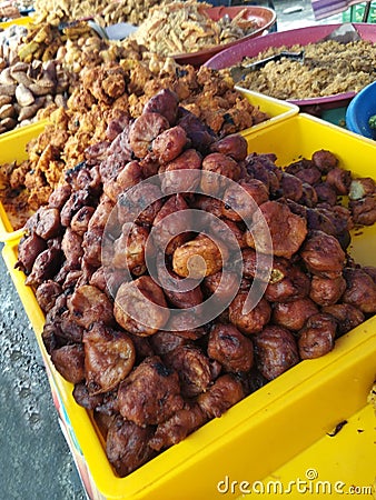 Variety of famous traditional Malaysian sweet and dessert sell-by hawkers in the street Ramadhan Bazaar. Stock Photo