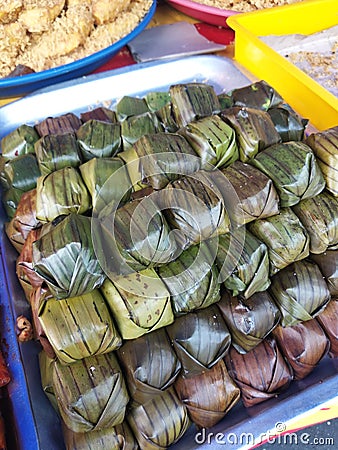 Variety of famous traditional Malaysian sweet and dessert sell-by hawkers in the street Ramadhan Bazaar. Stock Photo