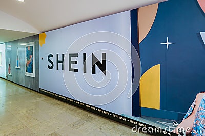 SHEIN advertisement board in a shopping mall in Malaysia. Shein is a Chinese online fast fashion retailer Editorial Stock Photo