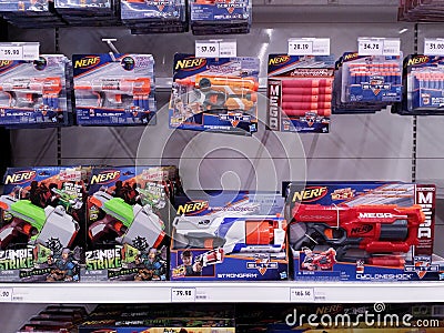 KUALA LUMPUR, MALAYSIA - MAY 20, 2017 : Variety of Nerf toy at Supermarket. Editorial Stock Photo