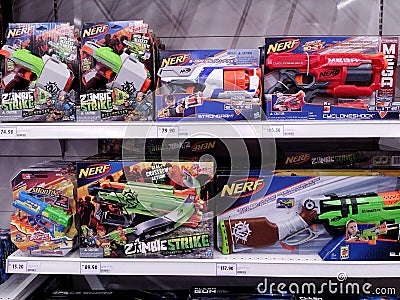 KUALA LUMPUR, MALAYSIA - MAY 20, 2017 : Variety of Nerf toy at Supermarket. Editorial Stock Photo