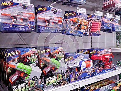 KUALA LUMPUR, MALAYSIA - MAY 20, 2017 : Variety of Nerf toy at Supermarket. Editorial Stock Photo