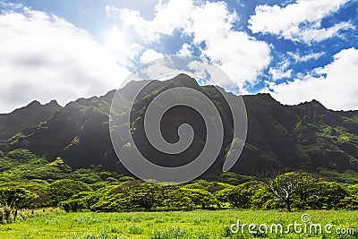 Kualoa mountain range view, famous filming location on Oahu island Stock Photo