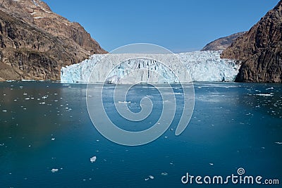 Kuannit Glacier calves into Prins Christian Sund, South Greenland Stock Photo