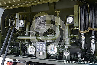 KUBINKA, RUSSIA, AUG.24, 2018: View on gasoline and diesel fuel dispenser dashboard with control manometers, valves, pipelines on Editorial Stock Photo
