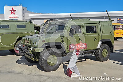 KUBINKA, RUSSIA, AUG.24, 2018: View on heavy military armored 4WD vehicle Ruys Iveco LMV for troopers and different weapon transpo Editorial Stock Photo