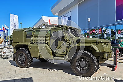 KUBINKA, RUSSIA, AUG.24, 2018: View on heavy military armored 4WD vehicle Typhoon K-4386 for troopers and different weapon transp Editorial Stock Photo