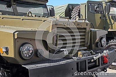 KUBINKA, RUSSIA, AUG.24, 2018: View on new heavy armored AWD truck URAL for police and troopers and weapon transportation. Multipu Editorial Stock Photo