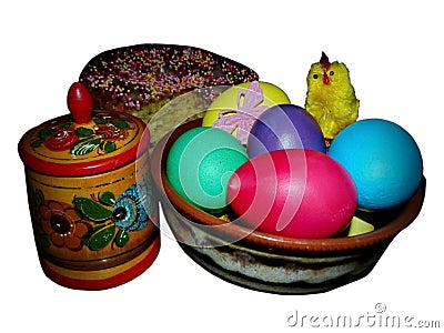 Kulich, painted eggs, Khokhloma dishes isolated on a white background. The celebration of the Orthodox Easter holiday. Stock Photo