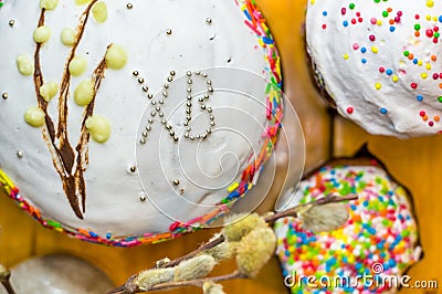 Kulichi, traditional Russian Easter cake with icing Stock Photo