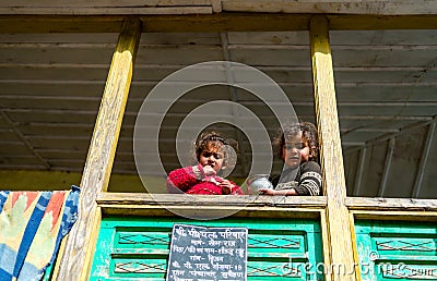 Kullu, Himachal Pradesh, India - April 01, 2019 : Photo of Kids in their house in Himalayan village Editorial Stock Photo