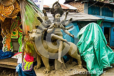 Kumartuli,West Bengal, India, July 2018. A clay idol of Goddess Jagadhatri under construction.Jagadhatri puja is the most awaited Editorial Stock Photo