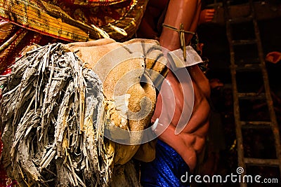 Kumartuli,West Bengal, India, July 2018. A clay idol of Lion and demon mahishashura, the associates of Goddess Durga under constru Editorial Stock Photo