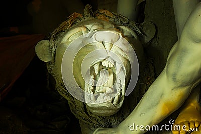 Kumartuli,West Bengal, India, July 2018. A clay idol of Lion,showing large sharp canine teeth. Lion is the ride of Goddess Durga a Stock Photo