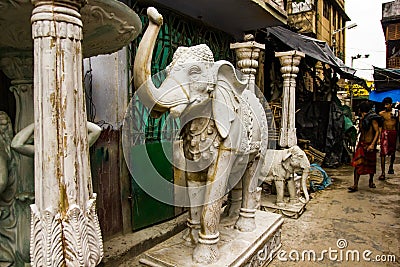 Kumartuli,West Bengal, India, July 2018. A clay statue of a elephant under construction at a shop during day time for sale Editorial Stock Photo