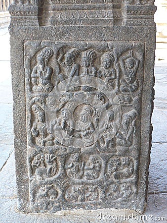 Ornate carvings on a pillar at the ancient Airateswara temple in the UNESCO heritage site of Editorial Stock Photo