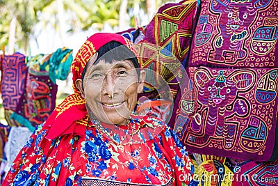 Kuna woman, Panama with traditional art works - Molas, Editorial Stock Photo