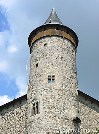 Kuneticka Hora castle tower taken from below Stock Photo