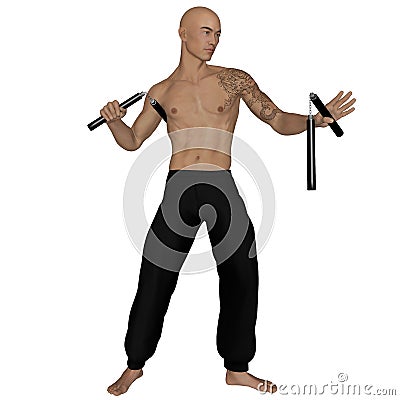 Kung Fu monk with nunchaku Stock Photo