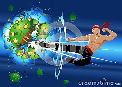 Kungfu Master Fights Corona Virus Vector Illustration