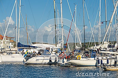 Marina filled with sailboats and cabin cruisers.. Editorial Stock Photo