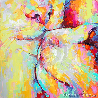 Kunik - oil painting. Conceptual abstract picture of kissing cats. Oil painting in colorful colors. Conceptual abstract Stock Photo