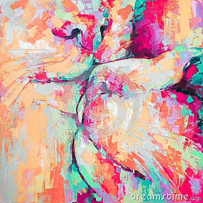 Kunik - oil painting. Conceptual abstract picture of kissing cats. Oil painting in colorful colors. Conceptual abstract Stock Photo